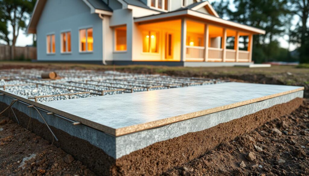 A detailed cross-sectional view of a residential concrete foundation slab, showcasing the various layers and components. The foreground depicts the concrete slab, reinforced with a grid of steel rebar. The middle ground features the gravel and soil layers beneath, highlighting the drainage system and insulation. The background presents an architectural rendering of the house's exterior, bathed in warm, natural lighting to convey a sense of solidity and stability. The overall mood is one of technical precision and reliable construction, reflecting the important role of a well-designed foundation in residential construction.