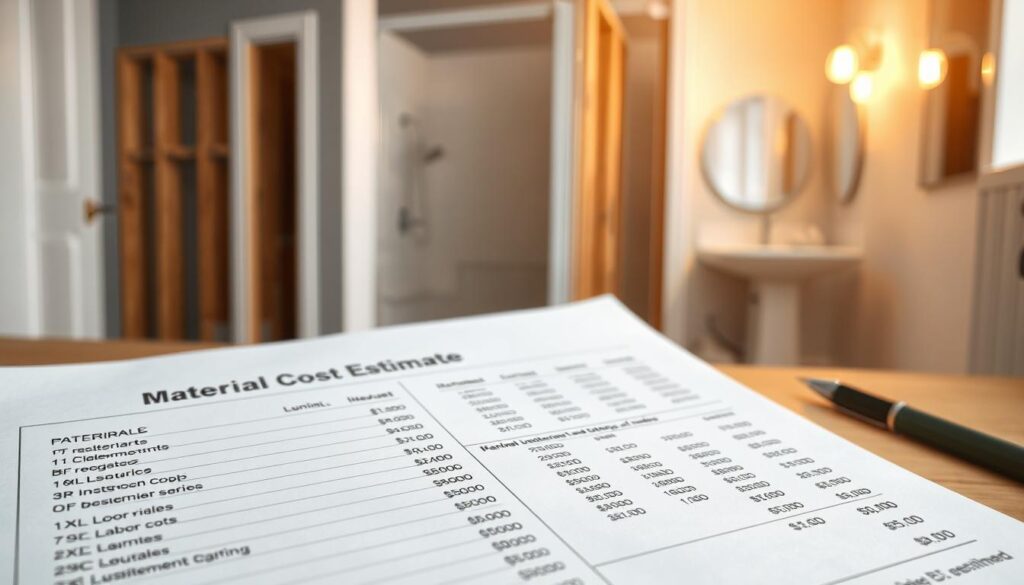 A detailed, hand-drawn bathroom renovation cost estimate, rendered in a realistic, technical style. The foreground features a comprehensive list of materials and labor costs, with precise numerical values and line items. The middle ground showcases a detailed floor plan with measurements, while the background depicts a partially demolished bathroom, exposing the underlying structure. The scene is lit with warm, directional lighting, capturing the careful planning and organization required for a successful bathroom remodel project. The overall mood conveys a sense of diligent preparation and budgetary responsibility.