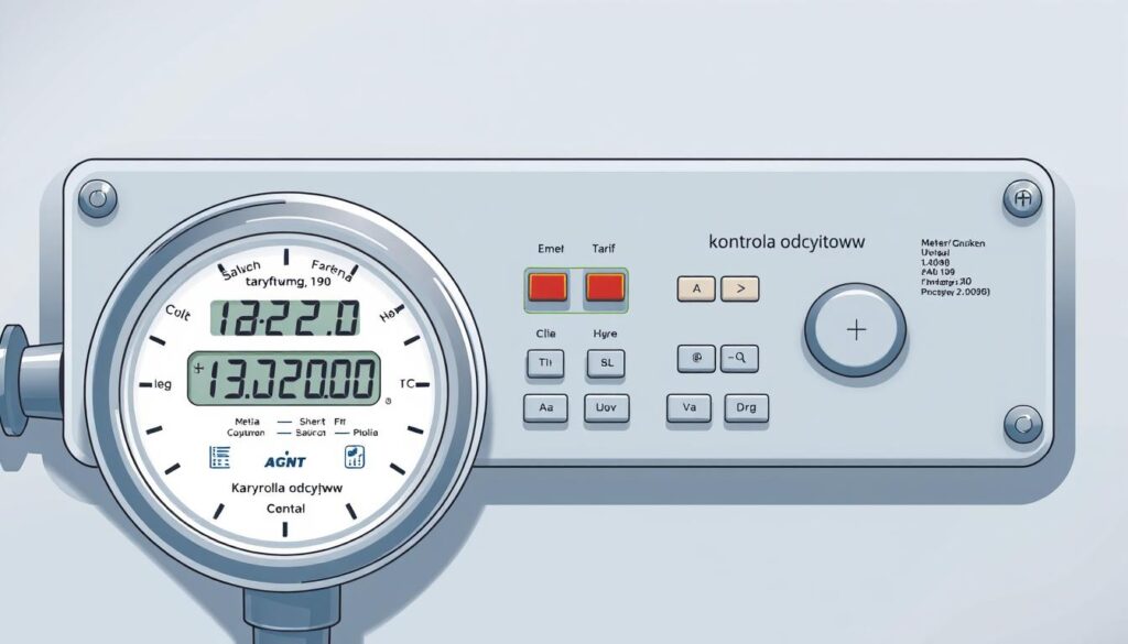 A detailed illustration of a gas meter display panel, showcasing the "taryfowa gazowa" (gas tariff) and "kontrola odczytów" (meter reading control) features. The panel is rendered in a clean, technical style, with a slightly muted color palette to convey a sense of professionalism and precision. The foreground features the gas meter itself, with a clear digital display indicating the current reading. The middle ground includes various control buttons and indicators, all labeled in a clear, legible font. The background depicts a subtle gradient or texture, suggesting the industrial setting of a utility or service provider's workspace. The overall composition and lighting create a sense of order, emphasizing the importance of accurate gas meter monitoring and tariff management.