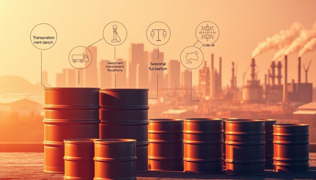 A detailed illustration of the key factors influencing the price of heating oil. In the foreground, a group of barrels representing the global supply and demand dynamics of crude oil. In the middle ground, icons depicting transportation costs, taxes, and seasonal fluctuations. In the background, a city skyline with a refinery, symbolizing the impact of production and distribution infrastructure. The lighting is warm and slightly hazy, conveying the complexities and uncertainties involved in the heating oil market. The overall composition strikes a balance between the technical and the visual, providing a comprehensive, yet visually engaging representation of the subject matter.