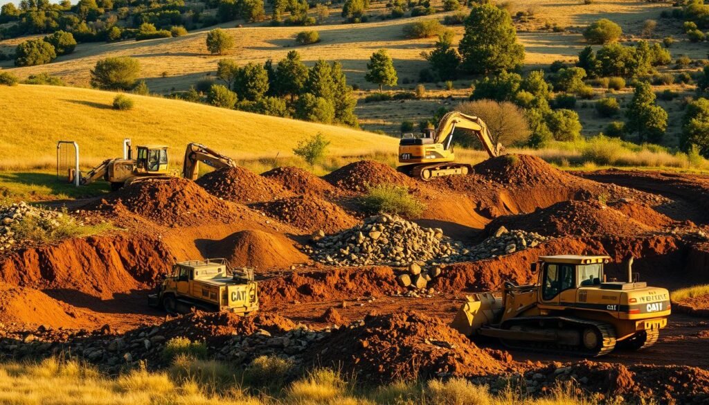 A detailed landscape depicting the key factors influencing the cost of digging a pond. In the foreground, heavy machinery such as excavators and bulldozers are hard at work, showcasing the scale and complexity of the task. The middle ground features piles of soil, rocks, and vegetation that need to be removed, representing the volume and composition of the material to be excavated. In the background, a rolling hillside dotted with trees and shrubs sets the natural context, hinting at potential challenges posed by the terrain. The scene is bathed in warm, golden light, creating a sense of industrious activity amidst a serene rural setting. The overall mood conveys the multifaceted nature of pond construction, where both human effort and environmental factors play a crucial role in determining the final cost.
