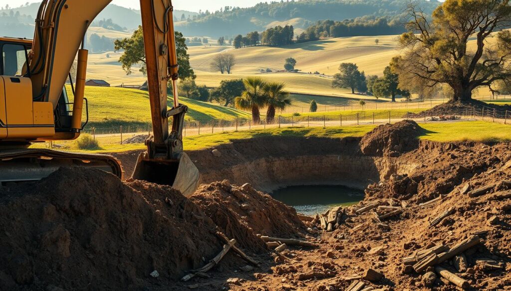 A detailed, large-scale outdoor scene showcasing the process of pond excavation. In the foreground, a powerful excavator digs into the earth, exposing the layers of soil and rocks. The middle ground reveals a partially completed pond, with the freshly dug earth and piles of excavated material surrounding it. In the background, a lush, verdant landscape with rolling hills and mature trees sets the serene, natural atmosphere. Warm, golden sunlight filters through the scene, casting long shadows and highlighting the textures of the earth. The overall composition conveys the scale and scope of the pond digging operation, providing a comprehensive visual representation of the costs and process involved.