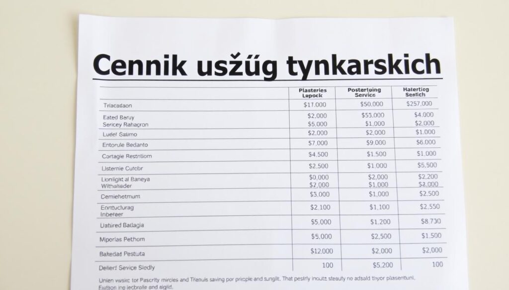 A detailed price list for plastering services, featuring a clean, professional layout with clear pricing information. The foreground showcases the main title "Cennik usług tynkarskich" in a bold, legible font. The middle ground presents a structured table with service descriptions, unit costs, and total pricing. The background has a simple, neutral tone to maintain focus on the pricing details. The lighting is soft and even, creating a pleasant, informative atmosphere. The camera angle provides a clear, comprehensive view of the entire price list, using a standard lens to accurately capture the information.