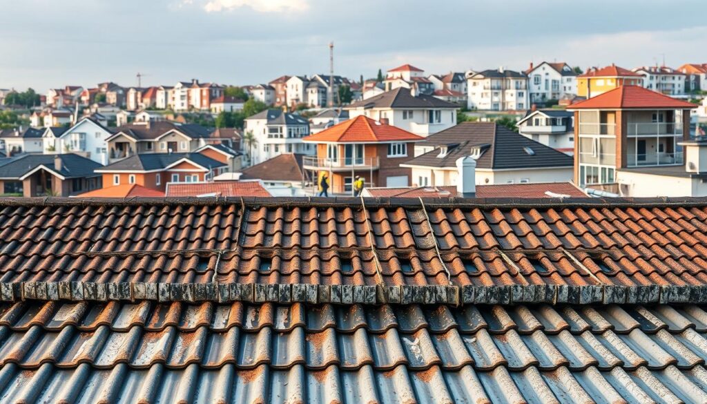 A detailed, realistic image of various real-world roofing and construction projects. A foreground showcasing a selection of diverse roofing materials, textures, and installation techniques, including thermal roofing, tiling, and metal sheets. A middle ground depicting a construction site with workers, scaffolding, and tools, conveying the hands-on nature of these projects. The background should feature a range of residential and commercial buildings, showcasing the variety of architectural styles and structures where these roofing solutions are applied. The lighting should be natural and ambient, creating a sense of authenticity and a balanced, professional atmosphere.