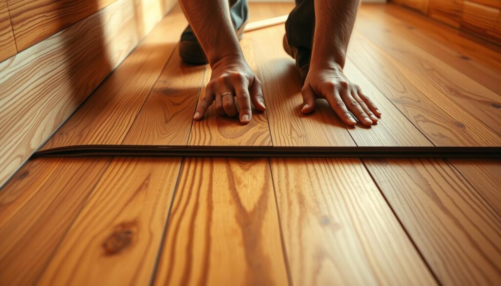 A detailed step-by-step installation process of a classic Barlinecki hardwood floor. A carpenter's hands skillfully aligning and securing each plank, creating a seamless, hardwood surface. Warm, natural lighting illuminates the rich, wood grain textures. The camera captures the process from an eye-level perspective, providing an immersive, documentary-style view. The scene exudes a sense of craftsmanship and attention to detail, perfectly suiting the article's focus on the installation process and associated costs.
