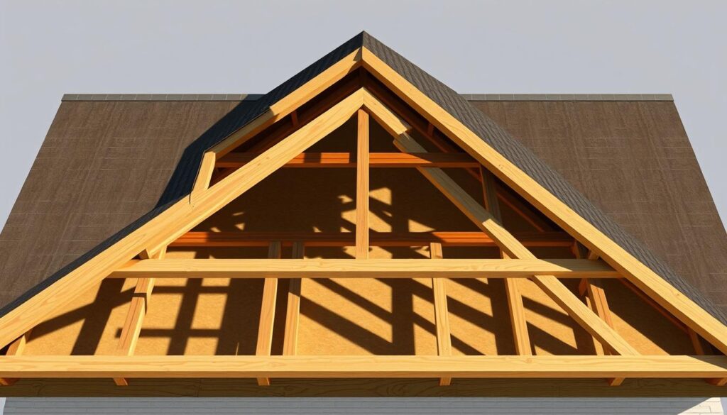 A detailed, technical cross-section of a residential roof structure, showcasing its key architectural elements. Prominently featuring the roof trusses, ridge, purlins, rafters, and sheathing, all rendered in a realistic, detailed style with accurate proportions and materials. Illuminated by soft, natural lighting from a high angle, casting subtle shadows that accentuate the structural components. The composition provides a clear, unobstructed view of the roof's internal framework, allowing the viewer to fully appreciate the engineering and design principles underlying its construction.
