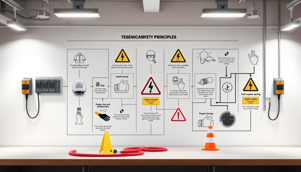 A detailed technical diagram depicting the key safety principles for working with electrical installations. Set against a clean, minimalist background, the image showcases essential safety gear, proper grounding techniques, and clear signage in a workshop or worksite environment. Crisp lighting from multiple angles highlights the various components, conveying a sense of professionalism and attention to detail. The overall mood is informative and instructive, guiding the viewer through the essential safety protocols required when handling electrical systems.