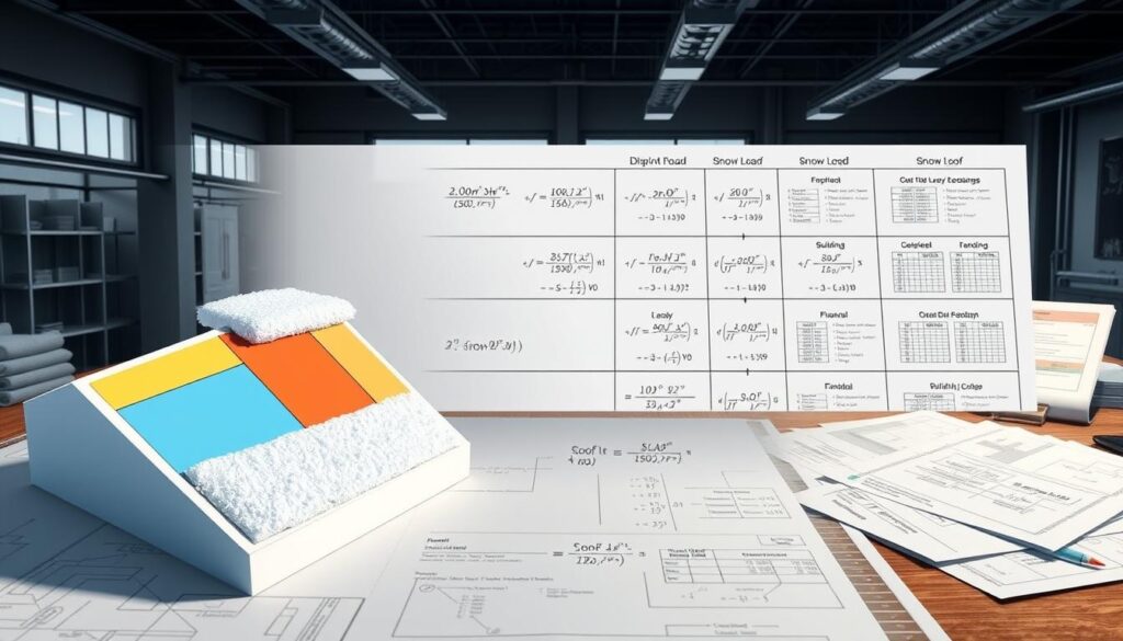 A detailed, technical illustration of snow load calculations for a 30-degree roof. In the foreground, a 3D architectural model of the roof structure, with color-coded sections highlighting areas of varying snow depth. In the middle ground, an array of mathematical formulas and diagrams demonstrating the step-by-step process of determining the snow load. The background features a dimly lit, industrial-style interior, with technical drawings, building codes, and financial spreadsheets visible on a desk. Realistic lighting casts shadows and highlights the complex, analytical nature of the subject matter. Rendered in a muted, technical color palette to convey the seriousness and importance of the topic.