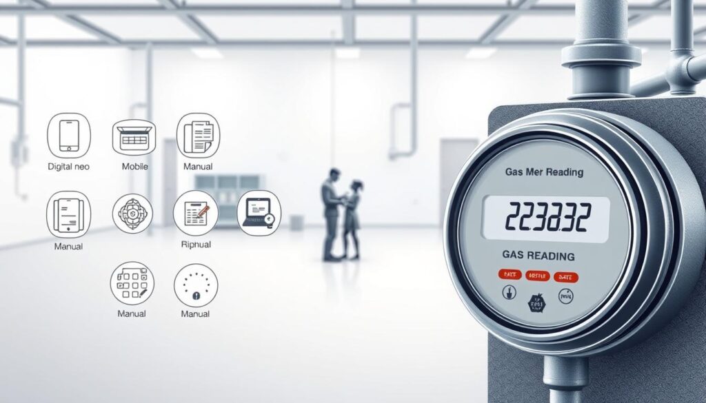 A detailed technical illustration of the various methods for transmitting gas meter readings to the utility operator. In the foreground, a gas meter displaying the current reading, surrounded by icons representing digital, mobile, and manual reporting options. In the middle ground, figures interacting with these different transmission methods, using smartphones, tablets, or physically jotting down the numbers. The background features a clean, minimalist environment with subtle industrial design elements, conveying a sense of efficiency and professionalism. The scene is lit with a balanced, neutral lighting scheme that highlights the key details without creating harsh shadows. The overall mood is one of clarity, organization, and reliable utility service.