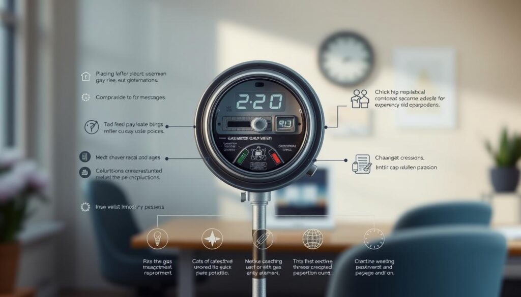 A detailed, technical illustration showcasing the key decision factors for gas meter replacement. Centered in the frame, a cutaway view of a residential gas meter, its inner workings and components highlighted. In the foreground, various data points and icons representing factors like age, usage, cost, and regulations. The middle ground features a series of icons and infographic elements illustrating the decision-making process. The background softly blurred, suggesting an office or domestic setting. Subtle lighting from the left casts shadows, adding depth and dimensionality. The overall mood is informative and pragmatic, conveying the practical considerations around gas meter replacement.