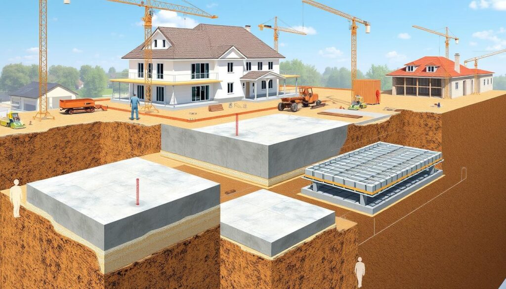 A detailed technical illustration showcasing various types of concrete foundation slabs used in construction. The foreground features close-up views of different foundation slab designs, including shallow, deep, and raft foundations, highlighting their structural elements and reinforcement. The middle ground shows the foundations integrated into a residential building, demonstrating their practical applications. The background depicts a construction site with cranes and workers, establishing the real-world context. The lighting is clear and evenly distributed, with a neutral color palette to emphasize the technical nature of the subject. The perspective is a combination of overhead and isometric views, providing a comprehensive understanding of the foundation types and their uses.