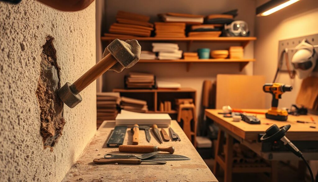 A detailed workshop scene showcasing the various tools and techniques used for removing plaster or stucco from walls. In the foreground, a worker wielding a chipping hammer skillfully chisels away at the textured surface, exposing the underlying substrate. In the middle ground, a variety of other implements are neatly arranged, including a putty knife, a scraper, and an electric rotary hammer drill. The background features shelves stocked with replacement materials and a workbench adorned with safety goggles and a dust mask, conveying the importance of proper protective equipment. The overall atmosphere is one of focused, methodical labor, with warm, directional lighting illuminating the scene and casting dramatic shadows.