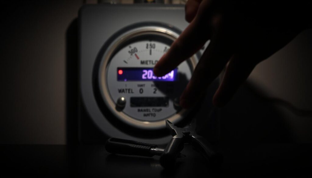 A dimly lit gas meter panel, its display obscured by a shadowy hand manipulating the dials. In the foreground, a set of tools - pliers, screwdrivers, and a small magnet - suggesting the illicit tampering of the device. The background is hazy, with a sense of unease and uncertainty, highlighting the clandestine nature of the act. The lighting is moody, casting dramatic shadows that heighten the tension and sense of secrecy. The composition emphasizes the meter's central position, the hand's intrusion, and the tools as the key elements, creating a visually compelling and thematically relevant image to illustrate the section on "Jak oszukać licznik gazu - mity kontra rzeczywistość".