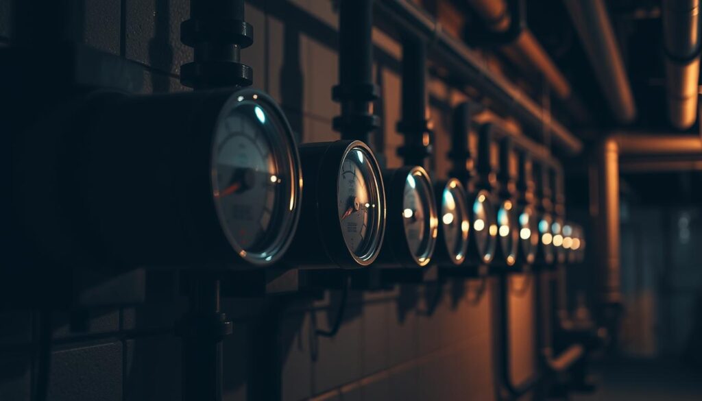 A dimly lit industrial setting, with a row of gas meters mounted on a wall. The meters are the focal point, their dials and gauges illuminated by soft, warm lighting that casts subtle shadows. The background is slightly blurred, hinting at the surrounding infrastructure - pipes, valves, and a sense of functionality. The composition is balanced, with the meters evenly spaced and the lighting creating a sense of depth and perspective. The overall mood is one of technical precision and the importance of proper gas meter maintenance and regulation.