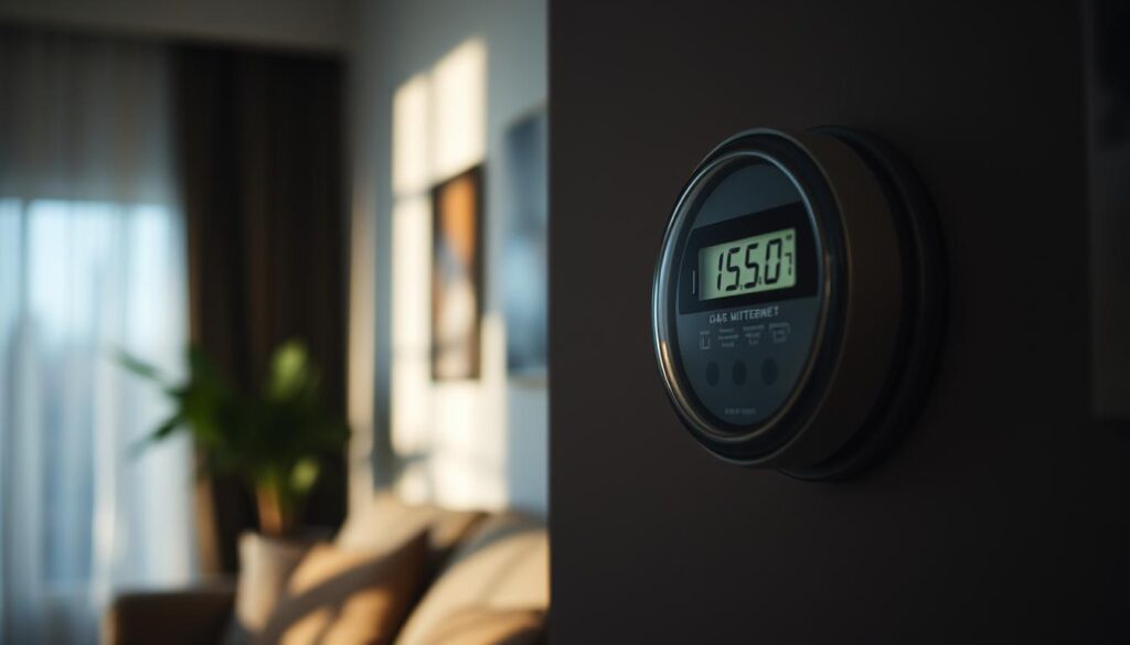 A dimly lit living room with a gas meter mounted on the wall. The meter is front and center, its digital display clearly visible, casting a soft glow. The background is slightly blurred, emphasizing the meter as the focal point. Natural light streams in from a window, creating subtle shadows and highlights that add depth and dimension. The overall atmosphere is one of quiet contemplation, inviting the viewer to closely examine the meter and understand its purpose. The scene conveys the importance of personally monitoring one's gas consumption through this essential household device.