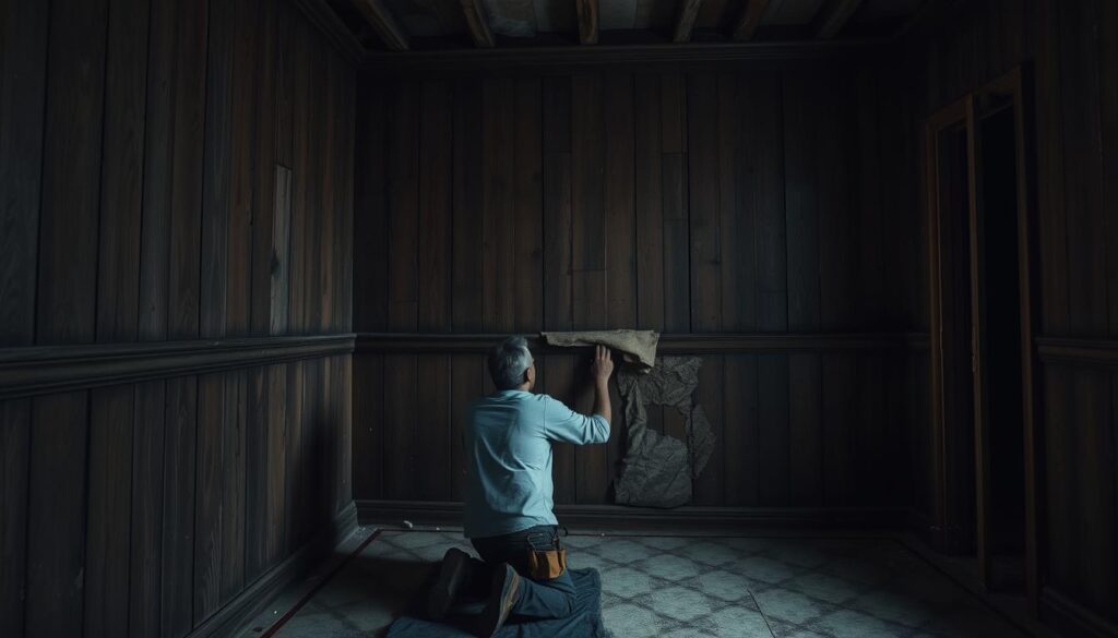 A dimly lit room with old wooden paneling covering the walls, the worn texture and uneven surfaces suggesting the challenges of removing the boards. In the foreground, a worker kneels, carefully prying up a section of the paneling, the tools in their hands suggesting the labor-intensive process. The room's sparse furnishings and muted tones create a sense of the task's difficulty, reflecting the influence of location on the costs of this home renovation project.