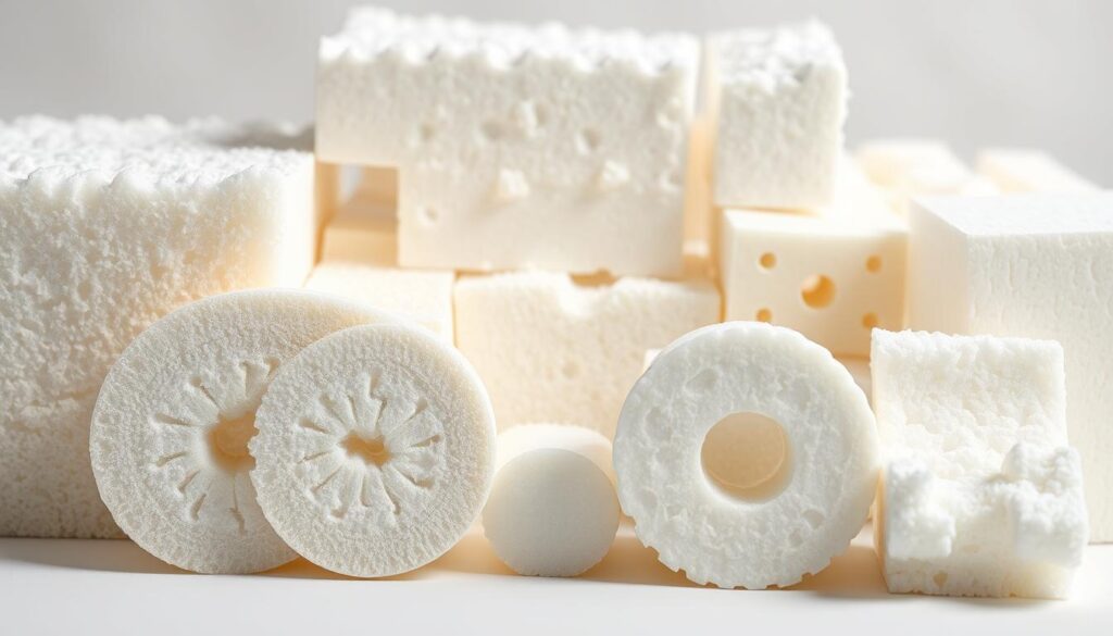 A diverse selection of expanded polystyrene (EPS) foam samples, showcasing the distinct textures and densities that differentiate various types of insulation. The foreground features finely detailed cross-sections, revealing the intricate internal structure of each sample. The middle ground presents a visually striking arrangement of the samples, highlighting their unique visual characteristics. The background is softly blurred, creating a sense of depth and allowing the materials to take center stage. Subtle, neutral lighting emphasizes the nuanced colors and subtle sheen of the EPS, inviting the viewer to closely examine the unique properties of each insulation type.
