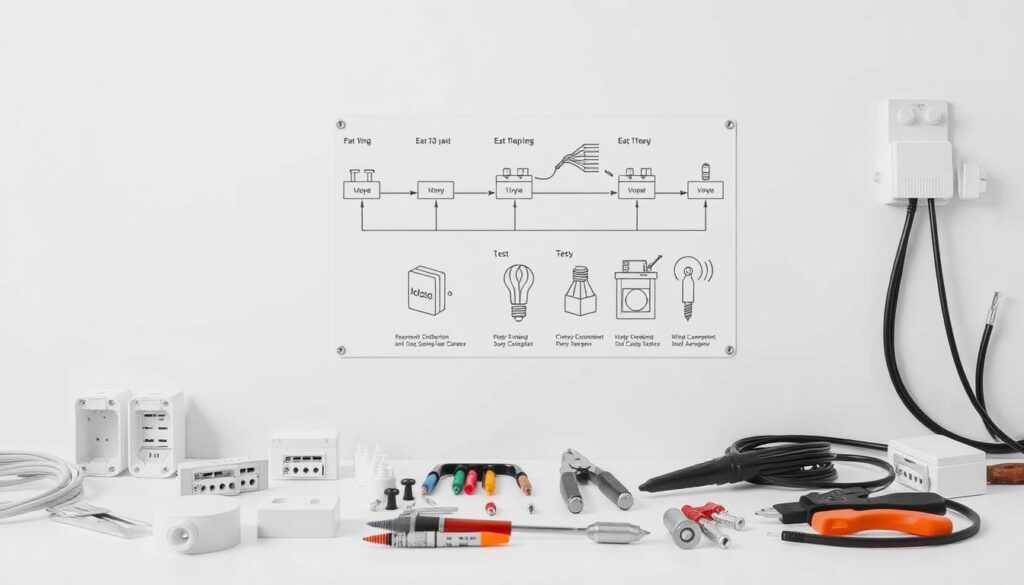 A highly detailed, technical illustration of the key stages in white electrical installation, captured in a clean, minimalist style. The foreground features various electrical components and tools used in the assembly process, such as junction boxes, cables, wire strippers, and screwdrivers, arranged in an organized manner. The middle ground showcases the step-by-step workflow, with labeled diagrams and schematics illustrating the crucial phases, from wiring to testing. The background maintains a neutral, soft-toned backdrop, allowing the essential elements to take center stage. Bright, even lighting illuminates the scene, emphasizing the precision and attention to detail required for a professional white electrical installation. The overall mood is one of efficiency, clarity, and a comprehensive understanding of the process.