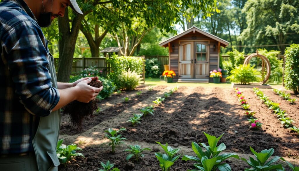 A lush, verdant backyard with an expansive garden area. In the foreground, a gardener examines soil samples, evaluating the composition and quality. In the middle ground, neat rows of freshly tilled earth await the planting of vibrant flowers and vegetables. The background features a charming wooden shed, its weathered facade complemented by the dappled sunlight filtering through the overhead trees. The scene exudes a sense of peaceful contemplation and careful planning, perfect for illustrating the process of preparing a garden for a bountiful harvest.