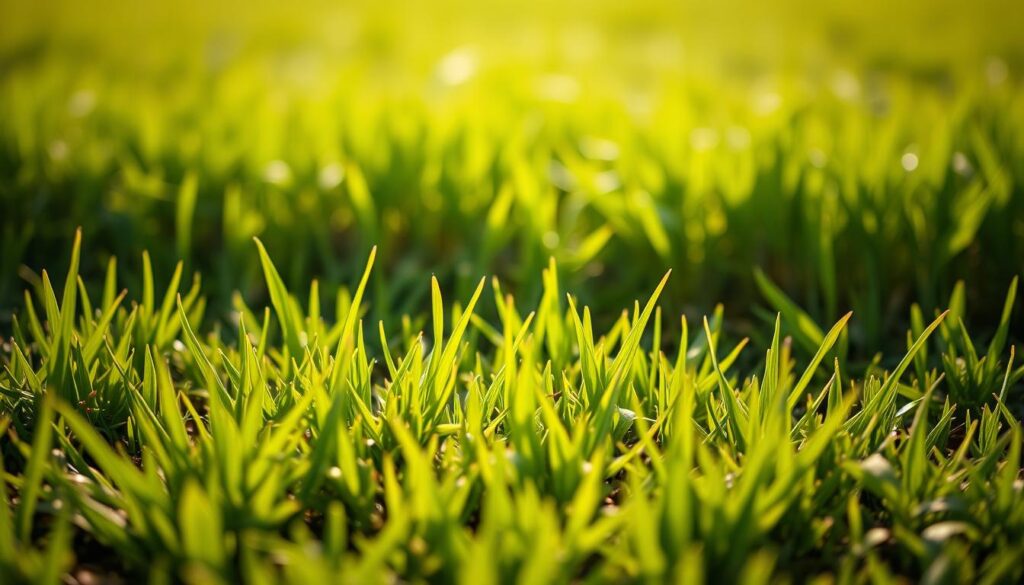 A lush, verdant lawn in the early stages of growth. The foreground depicts tender grass blades emerging from the soil, their vibrant green hues catching the warm, gentle sunlight. The middle ground showcases the gradual development of the grass, with some shoots taller and fuller than others, creating a natural, uneven texture. The background fades into a soft, hazy blur, allowing the viewer to focus on the captivating details of the sprouting grass. The scene is bathed in a soft, diffused lighting, lending a sense of tranquility and nurturing atmosphere. The overall composition conveys the incremental stages of lawn growth, from initial germination to the establishment of a thriving, healthy turfgrass.
