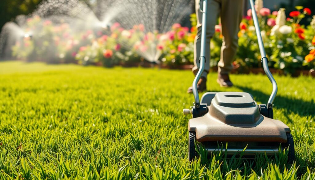 A lush, verdant lawn stretches out, its blades glistening in the warm afternoon sunlight. In the foreground, a person in casual attire carefully tends to the grass, using a manual lawn mower with a sharp, gleaming blade. The middle ground reveals a well-maintained irrigation system, its sprinklers casting a gentle mist over the neatly trimmed lawn. In the background, a vibrant garden frames the scene, its colorful flora complementing the emerald hue of the grass. The composition is balanced, with a focus on the diligent lawn care process, conveying a sense of tranquility and pride in a healthy, thriving outdoor space.
