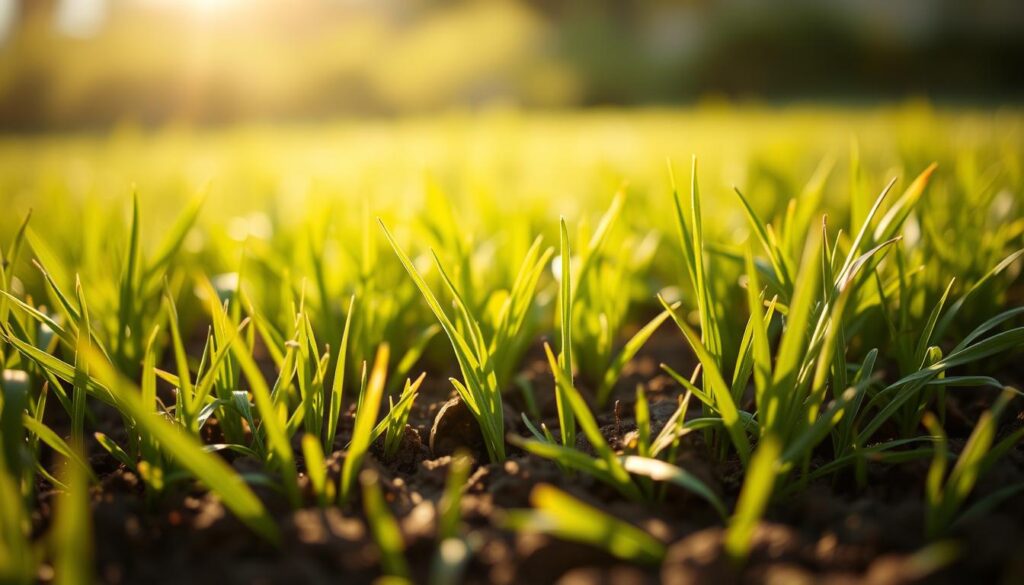A lush, vibrant lawn in the early stages of growth. Close-up view of delicate grass seedlings gently emerging from the soil, their tender blades reaching towards the sun. The scene is bathed in warm, golden light, creating a sense of tranquility and new beginnings. The foreground is in sharp focus, while the background gently blurs, drawing the viewer's attention to the captivating process of germination. Subtle shadows and highlights add depth and dimension, emphasizing the texture and movement of the sprouting grass. The overall composition conveys a serene, natural atmosphere, inviting the viewer to witness the magical transformation from seed to thriving lawn.