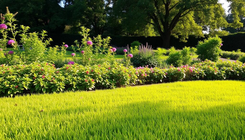 A lush, well-maintained garden filled with healthy, vibrant greenery. In the foreground, a neatly trimmed lawn, its blades of grass evenly clipped and glistening under the warm, diffused sunlight. In the middle ground, a variety of flourishing shrubs and plants, their leaves and petals in a range of verdant hues. Towards the background, a few mature trees cast gentle shadows, their branches swaying gently in a light breeze. The overall scene exudes a sense of tranquility and care, inviting the viewer to imagine the diligent maintenance required to keep this outdoor space thriving and pristine.