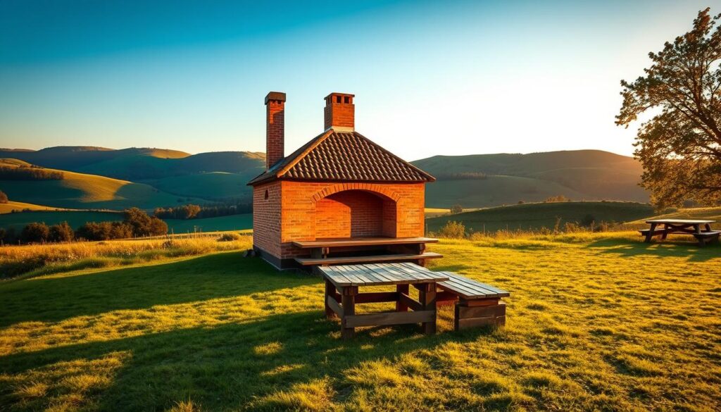 A meticulously designed brick smokehouse stands in the foreground, its sturdy walls and chimney stack commanding attention. The structure is bathed in warm, golden light, casting long shadows that stretch across the grassy terrain. In the middle ground, a rustic wooden table and benches invite visitors to admire the craftsmanship. The background features a lush, verdant landscape, with rolling hills and a clear blue sky, creating a serene and picturesque setting. The entire scene exudes a sense of traditional craftsmanship, attention to detail, and a connection to the natural world, perfectly capturing the essence of "Projektowanie wędzarni z cegieł".