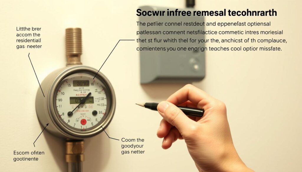 A meticulously detailed diagram showcasing common errors encountered when reading a residential gas meter. The foreground features the meter itself, with its various dials and displays clearly visible, allowing the viewer to identify potential pitfalls in accurately recording the readings. The middle ground depicts a hand holding a pen, poised to note down the measurements, while the background provides a simple, neutral setting, allowing the focus to remain on the technical subject matter. The lighting is soft and even, creating a sense of clarity and precision, while the camera angle is slightly elevated, offering an unobstructed view of the meter's interface. The overall mood is one of informative diligence, guiding the viewer through the nuances of proper gas meter reading to avoid costly mistakes.