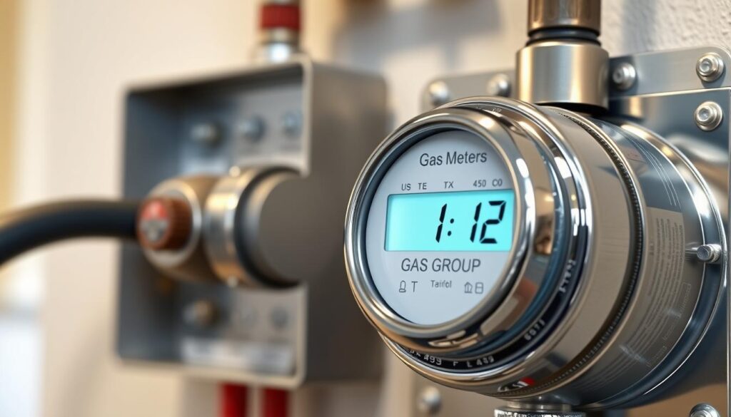 A meticulously detailed illustration of a gas meter display showing the "12T" tariff group. The meter is prominently featured in the foreground, its polished chrome casing and LCD display rendered with photorealistic precision. The middle ground showcases the surrounding utility panel, its metal housing and wiring evocative of a residential or commercial setting. The background features a blurred, softly-lit interior, hinting at the context in which this gas meter is situated. The lighting is natural and even, casting subtle shadows that accentuate the meter's depth and dimensionality. The overall mood is one of technical precision and functional utility, perfectly capturing the essence of the "12T" tariff group in the context of a residential or commercial gas installation.