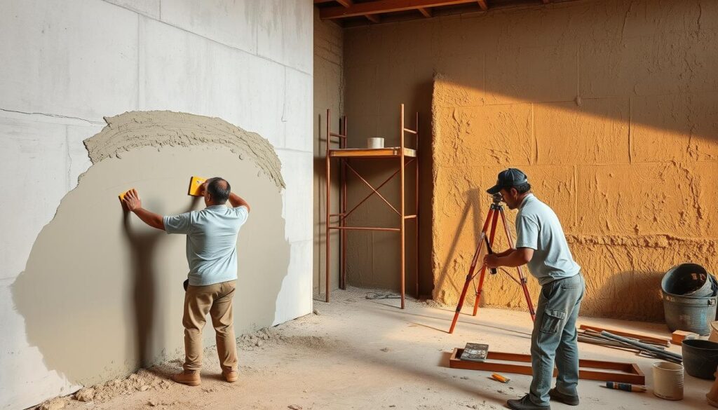 A meticulously detailed scene of a construction site, showcasing the preparatory steps for plastering. In the foreground, workers carefully apply a layer of mortar to the wall, smoothing it with trowels. The middle ground reveals the scaffolding and tools necessary for this task, while the background features a partially plastered wall, providing a glimpse of the final outcome. The lighting is warm and natural, casting soft shadows that accentuate the textures of the materials. The overall atmosphere conveys the diligence and precision required for this stage of the plastering process.
