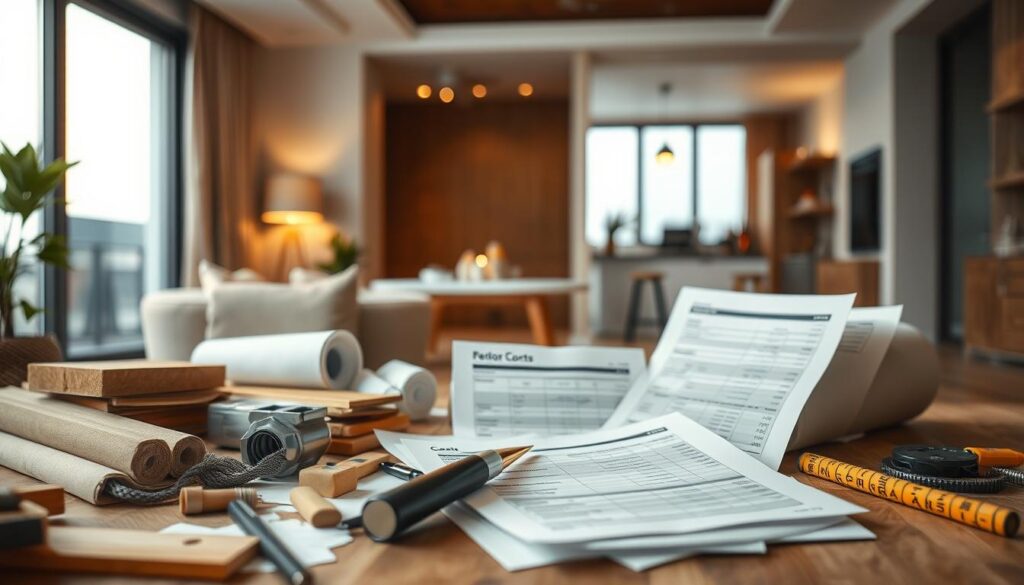 A modern 35 square meter apartment interior with a focus on the various factors influencing renovation costs. The foreground depicts an array of construction materials, tools, and cost estimation documents. The middle ground showcases a partial view of the apartment's rooms, highlighting elements like flooring, walls, and windows. The background blends warm lighting, creating a contemplative atmosphere. The overall composition conveys the complexities and considerations involved in budgeting for a residential renovation project.