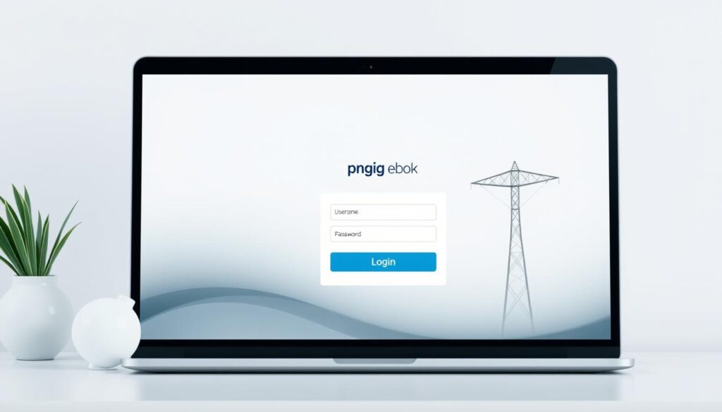 A modern web interface with a clean, minimalist aesthetic, showcasing a login screen for the PGNIG eBOK (Online Customer Service) system. The user interface features a prominent "Login" button, input fields for username and password, and a subtle background graphic alluding to the energy and utility industry. The scene is well-lit, with a soft, neutral color palette and a sense of professionalism and trustworthiness. The overall composition draws the viewer's attention to the login process, highlighting the key steps for accessing the PGNIG eBOK portal.