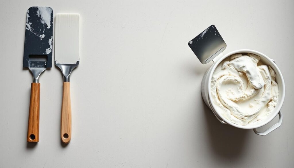 A neatly organized set of key details on the process of wall plastering, captured in a clean, minimalist style. A softly lit, close-up view showcases various plastering tools - trowels, spatulas, and a bucket of plaster mix - arranged on a neutral background, perhaps a smooth concrete surface. The composition emphasizes the essential elements, conveying the practical, hands-on nature of this construction task. Subtle shadows and highlights lend depth and texture, while the overall mood is one of efficiency and professionalism. The image aims to visually summarize the core information needed for understanding wall plastering costs and best practices.