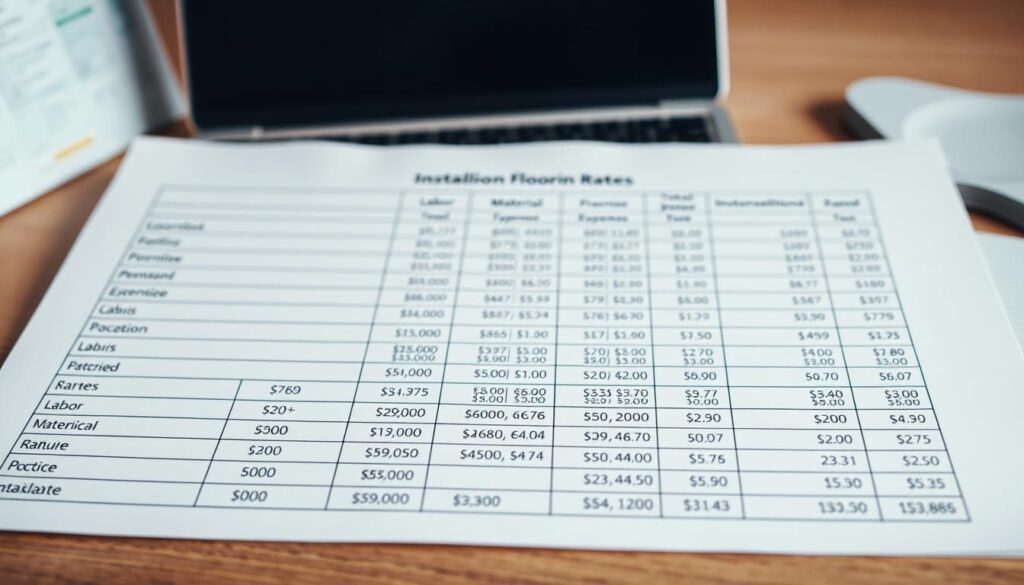 A neatly organized spreadsheet displaying a detailed analysis of installation rates for various types of flooring panels. The foreground showcases a clear and legible tabular layout, with columns detailing labor costs, material expenses, and total project expenditures. The middle ground features a professional-looking layout, with precise numerical values and well-defined cell borders. The background subtly suggests a modern office setting, with a hint of a laptop or computer monitor in the periphery, conveying a sense of practicality and efficiency. The overall scene is captured with a crisp, high-resolution lens, bathed in a warm, natural lighting that accentuates the professionalism and attention to detail.