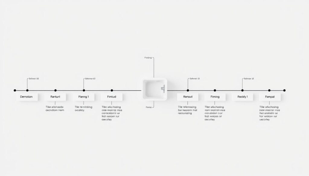 A neatly organized timeline diagram depicting the renovation schedule for a small 3 m² bathroom. The foreground features a clean, minimalist layout with distinct blocks and bars representing the various stages of the project, such as demolition, plumbing, tiling, and finishing touches. The middle ground showcases a simplified 3D model of the bathroom, allowing the viewer to visualize the physical space and the flow of the renovation process. The background provides a soft, muted color palette, creating a sense of order and professionalism. The overall mood conveys a well-planned, efficient, and organized approach to tackling the bathroom renovation project.