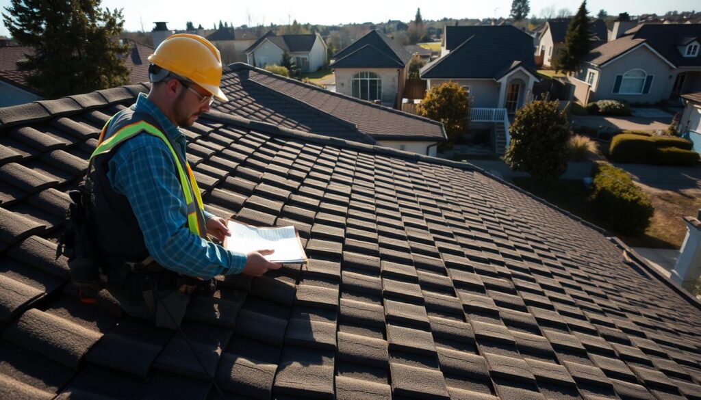 A professional roofer inspecting a residential rooftop, carefully evaluating the condition of the tiles or shingles. The scene is illuminated by natural daylight, casting long shadows that highlight the intricate details of the roof structure. The roofer, dressed in a hard hat and safety gear, is closely examining the roof, taking notes and measurements to determine the best course of action for repair or replacement. The background features a well-maintained suburban neighborhood, with other houses in the distance, conveying a sense of the local community. The overall mood is one of thoughtful consideration and professional expertise, reflecting the importance of selecting the right roofing company for the job.