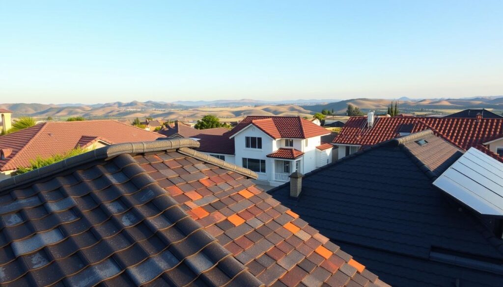 A rooftop panorama showcasing an array of diverse roofing materials - asphalt shingles, metal tiles, clay and concrete tiles, slate, and solar panels. The scene is bathed in soft, diffused natural lighting, casting gentle shadows that accentuate the textures and patterns of each roofing type. The mid-ground features a well-maintained suburban house, while the background blends seamlessly with a picturesque landscape of rolling hills and a clear sky. The overall composition conveys a sense of architectural harmony and functional versatility in residential roofing options.