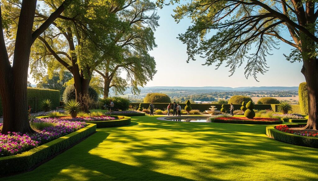 A serene garden scene showcasing a wide array of horticultural services. In the foreground, a lush, well-manicured lawn with vibrant green grass. Towering trees frame the scene, their branches casting soft, dappled light across the landscape. Carefully pruned hedges and flowerbeds filled with a vibrant tapestry of blooms line the edges, complemented by neatly trimmed topiaries. In the middle ground, a team of skilled gardeners tend to various tasks, from planting saplings to maintaining intricate water features. The background reveals a picturesque vista, with rolling hills and a clear, azure sky. Warm, natural lighting illuminates the scene, creating a sense of tranquility and the promise of a thriving, well-cared-for outdoor space.