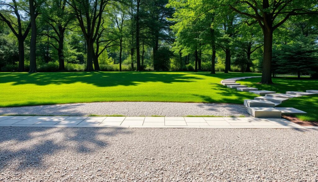 A serene outdoor scene showcasing various types of terrain hardening. In the foreground, a well-compacted gravel driveway leads the eye towards a neatly arranged display of different paving materials - interlocking pavers, natural stone tiles, and porous concrete blocks. The middle ground features a lush, manicured lawn seamlessly transitioning into a section of crushed stone walkway. In the background, a mix of deciduous and evergreen trees create a natural, park-like atmosphere, with dappled sunlight filtering through the leaves. The overall composition emphasizes the visual appeal and functional diversity of modern ground surface treatments, perfectly suited to illustrate the "Rodzaje utwardzenia terenu" section of the article.