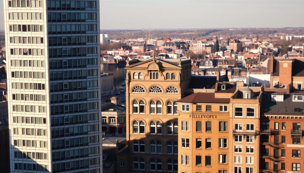 A sprawling cityscape with a variety of architectural styles, each showcasing their unique window designs. In the foreground, a modern high-rise with sleek, rectangular windows, juxtaposed by a historic building with arched, ornate windows in the middle ground. Farther back, a quaint village with charming, casement windows dot the landscape. The scene is bathed in warm, golden light, highlighting the diverse window dimensions and shapes that define the character of these buildings. Subtle shadows cast by the windows create a sense of depth and dimensionality. The overall composition captures the harmonious interplay of form and function in the window designs across this urban environment.