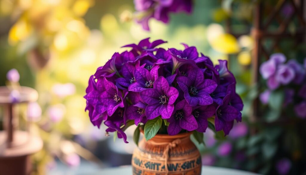A stunningly beautiful bouquet of vibrant, velvety purple flowers arranged in a rustic, earthenware vase. The flowers, with their delicate, intricate petals and captivating hues, cast a mesmerizing glow under the warm, soft lighting. The background is a serene, blurred garden setting, hinting at the lush, verdant beauty that surrounds the scene. The overall composition exudes a sense of tranquility, elegance, and the profound symbolism of the deeply meaningful, purple blooms.