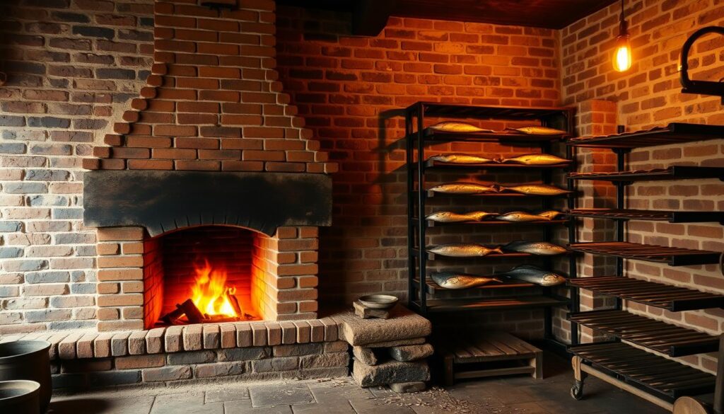 A sturdy brick fireplace stands as the centerpiece, the heart of a traditional smokehouse. Beside it, a spacious drying chamber, its walls lined with wooden racks, ready to hold the meats and fish that will be transformed by the gentle kiss of smoke. The scene is bathed in a warm, golden glow, the dancing flames casting flickering shadows and illuminating the aged, weathered bricks. A sense of timeless craftsmanship permeates the space, a testament to the artistry of curing and preserving nourishment. The overall atmosphere evokes a rustic, historic charm, perfect for showcasing the art of building a homemade smokehouse.