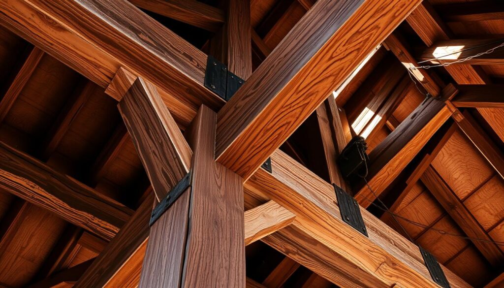 A timber beam supporting the roof trusses, its sturdy frame serving as the backbone of the structure. Sunlight streams through the eaves, casting warm shadows across the weathered wood. Meticulously crafted joints and reinforcements ensure the beam's stability, allowing it to bear the weight of the roof above. The beam's rugged yet elegant design blends seamlessly with the traditional architectural style, its presence both functional and visually pleasing. A closeup perspective showcases the beam's intricate textures and natural grain, highlighting the skilled craftsmanship that went into its construction. The overall scene conveys a sense of solidity, reliability, and timeless craftsmanship.