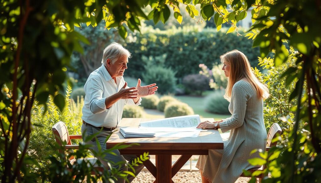 A warm, sun-dappled garden setting, with a central table where a landscape architect reviews plans and sketches with a client. Lush greenery frames the scene, and the figures are rendered in a soft, realistic style with an emphasis on natural lighting. The architect gestures animatedly, while the client leans in, engaged in the discussion. The mood is one of collaborative creativity and professional expertise, inviting the viewer to imagine the personalized service and thoughtful design process behind tailored horticultural consultations and custom cost estimates.