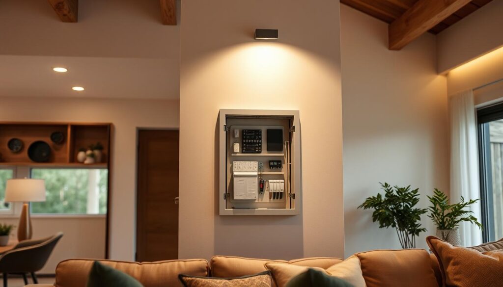 A well-lit and organized electrical enclosure situated in a residential living space, positioned in an accessible yet discreet location. The enclosure is mounted flush against the wall, seamlessly integrated into the surrounding decor. Soft, diffused lighting illuminates the panel, allowing for easy visibility and interaction. The room has a warm, inviting atmosphere, with natural elements and muted tones that create a harmonious, comfortable environment. The camera angle emphasizes the enclosure's placement, showcasing its thoughtful integration into the living space design.