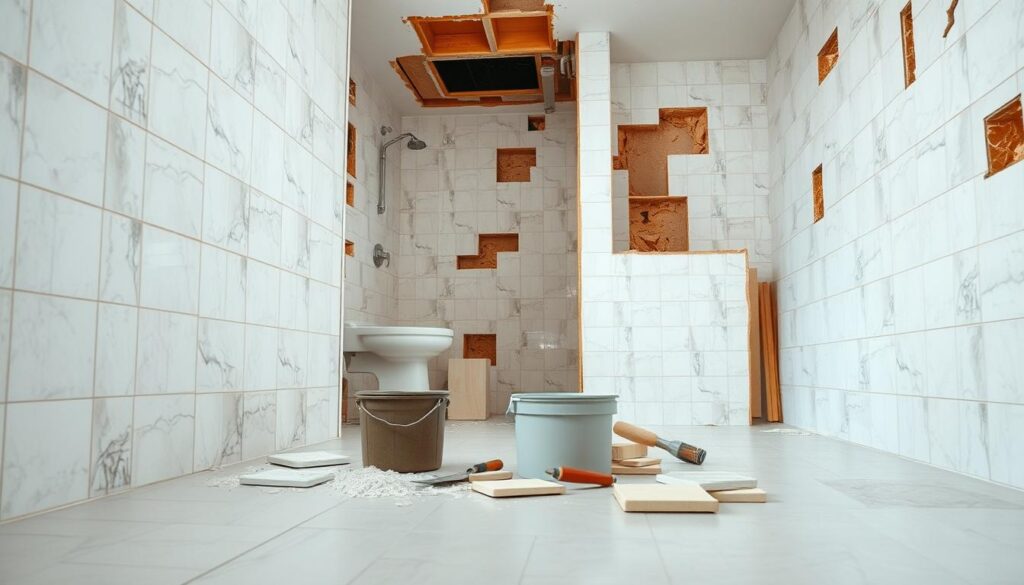A well-lit bathroom interior with a prominent tiled floor and walls in the foreground. In the middle ground, various renovation tools and materials are neatly arranged, including a bucket, a trowel, grout, and tiles. The background features partially demolished wall and ceiling sections, exposing the plumbing and electrical systems. The overall scene conveys a sense of a work-in-progress, capturing the essential stages of a bathroom renovation project.
