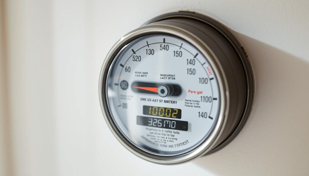 A well-lit, close-up photograph of a residential gas meter, taken from a slightly angled perspective to showcase the numeric display and dials. The meter is mounted on a white or light-colored wall, allowing the details to stand out clearly. The image captures the meter's design, including any labels or indicators, to provide a clear visual reference for reading the current gas usage. The lighting is soft and natural, creating a clean, informative atmosphere suitable for an instructional guide.