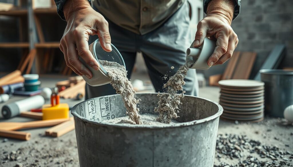 A well-lit, close-up shot of a construction worker's hands expertly measuring and mixing the ingredients for a concrete mixture. The foreground shows the worker's calloused hands carefully pouring cement, sand, and gravel into a large mixing tub, with the perfect ratios of each material visible. The middle ground features various construction tools and materials neatly arranged, suggesting a methodical, step-by-step approach. The background depicts a partially constructed building, providing context for the concrete preparation process. The overall scene conveys a sense of professionalism, attention to detail, and practical guidance for the optimal preparation of a concrete mixture.