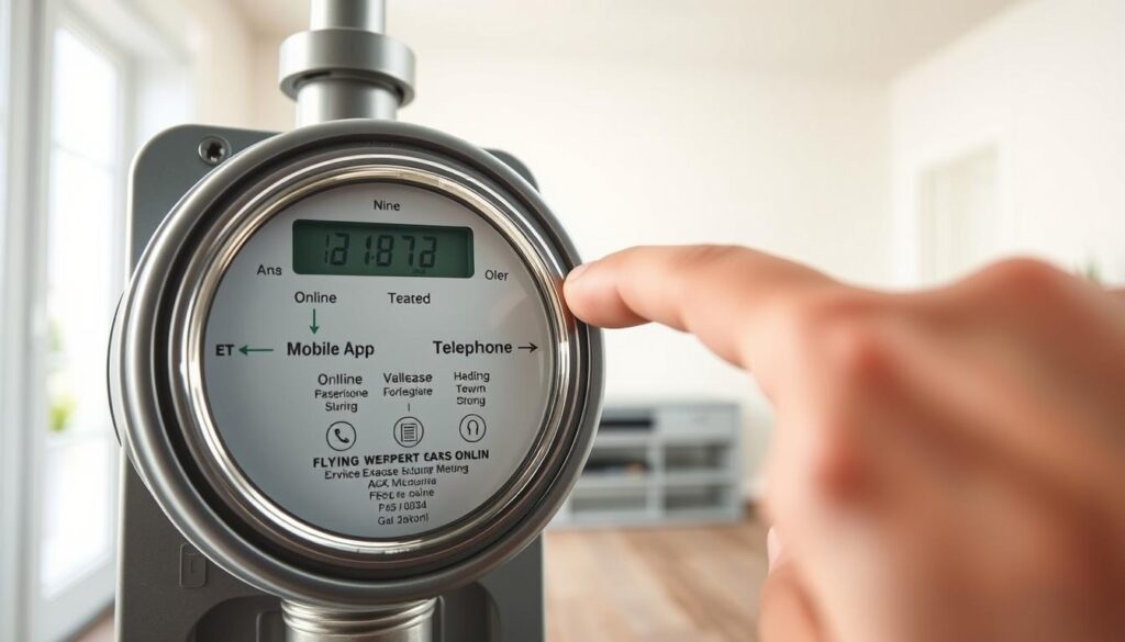 A well-lit, detailed illustration of a gas meter with various methods of reporting its reading. In the foreground, a person's hand pointing to the meter's display, with different options for submitting the reading (e.g., online, mobile app, telephone). The middle ground showcases the gas meter itself, with clear markings and numbers. The background features a clean, minimal interior setting, emphasizing the informative nature of the image. The lighting is soft and natural, creating a calm, professional atmosphere. The overall composition guides the viewer's attention to the essential elements, making it easy to understand the different methods of reporting a gas meter reading.